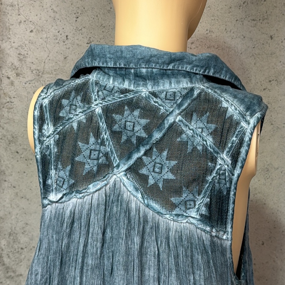 Free People Oversized Gauze Linen Flowy Collared Tank Top Washed Blue M - Picture 5 of 9